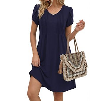 Women Summer A Line V Neck Pleated Dress Boho Floral