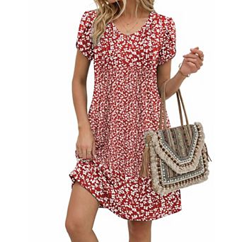 Women Summer A Line V Neck Pleated Dress Boho Floral