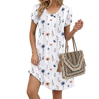 Women Summer A Line V Neck Pleated Dress Boho Floral