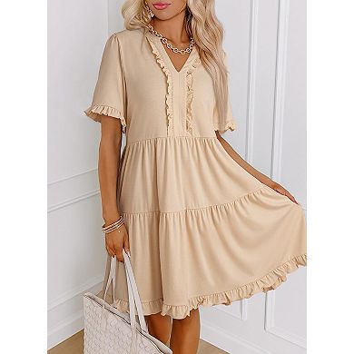 Women Summer Dress V Neck A Line Ruffle Mini
