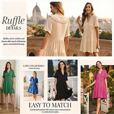 Women Summer Dress V Neck A Line Ruffle Mini
