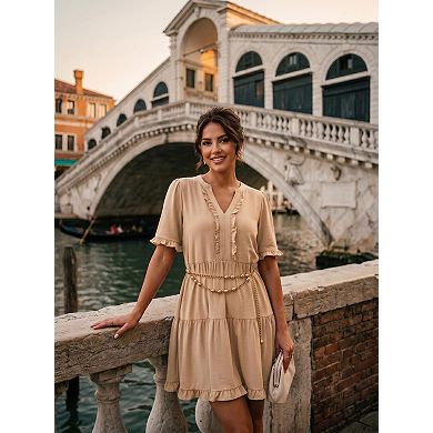 Women Summer Dress V Neck A Line Ruffle Mini