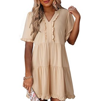 Women Summer Dress V Neck A Line Ruffle Mini