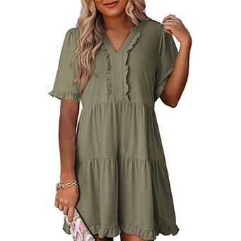 Women Summer Dress V Neck A Line Ruffle Mini