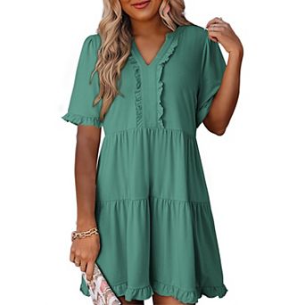 Women Summer Dress V Neck A Line Ruffle Mini