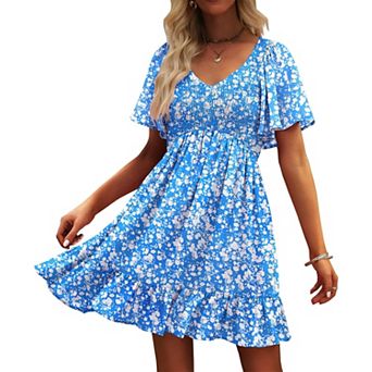 Womens V Neck Flutter Sleeve Smocked Sundress Pockets
