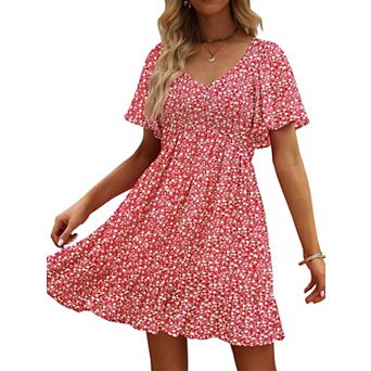 Womens V Neck Flutter Sleeve Smocked Sundress Pockets