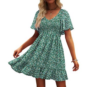 Womens V Neck Flutter Sleeve Smocked Sundress Pockets