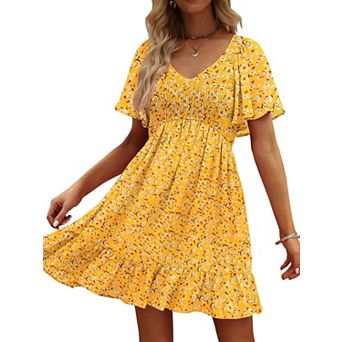 Womens V Neck Flutter Sleeve Smocked Sundress Pockets