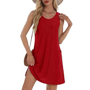 Women Eyelet Sundress Sleeveless Pocket Casual Loose Tank