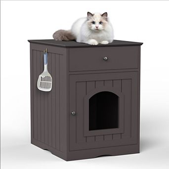 Loheer Wooden Cat Litter Box Enclosure 25 Inch Hidden Pet Crate Side Table with Drawer
