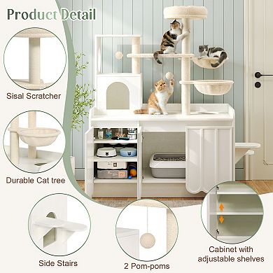 Loheer 50.6-Inch Cat Tree with Litter Box Enclosure All-in-One Modern Cat Condo for Indoor Cats