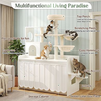 Loheer 50.6-Inch Cat Tree with Litter Box Enclosure All-in-One Modern Cat Condo for Indoor Cats