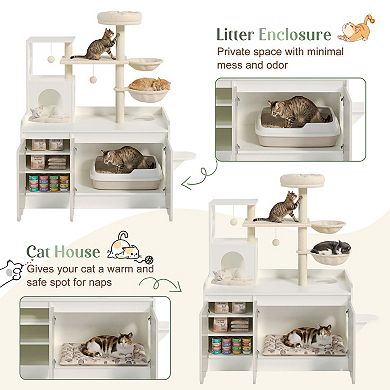Loheer 50.6-Inch Cat Tree with Litter Box Enclosure All-in-One Modern Cat Condo for Indoor Cats