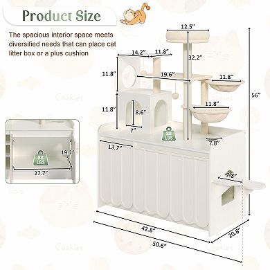 Loheer 50.6-Inch Cat Tree with Litter Box Enclosure All-in-One Modern Cat Condo for Indoor Cats