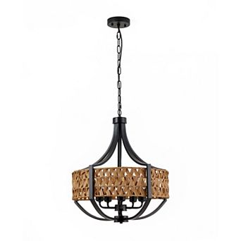 Loheer Boho Chandelier 19.7 Inch Rattan Woven Pendant Light 5-Light Farmhouse Fixture For Foyer