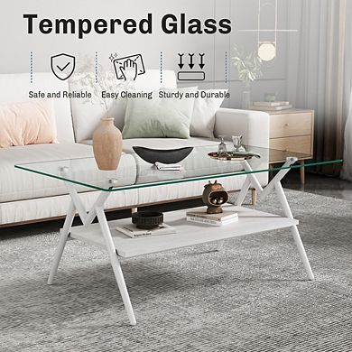 Modern Rectangle Tempered Glass Coffee Table 38.6 Inch with MDF Shelf for Living Room