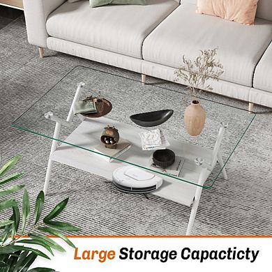 Modern Rectangle Tempered Glass Coffee Table 38.6 Inch with MDF Shelf for Living Room