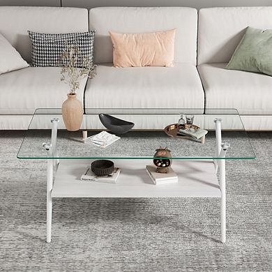 Modern Rectangle Tempered Glass Coffee Table 38.6 Inch with MDF Shelf for Living Room