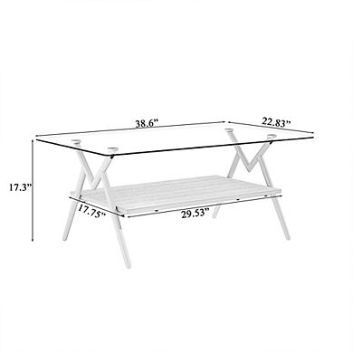 Modern Rectangle Tempered Glass Coffee Table 38.6 Inch with MDF Shelf for Living Room
