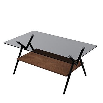 Modern Rectangle Tempered Glass Coffee Table 38.6 Inch with MDF Shelf for Living Room