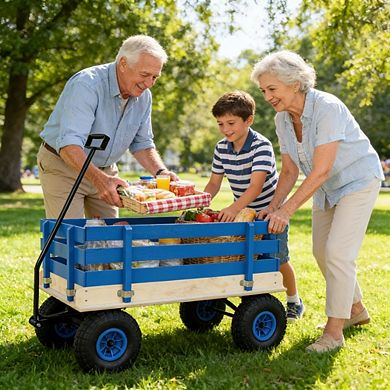 Heavy Duty Wooden Kids Pull Wagon 38 Inch All Terrain Garden Cart For Toddlers
