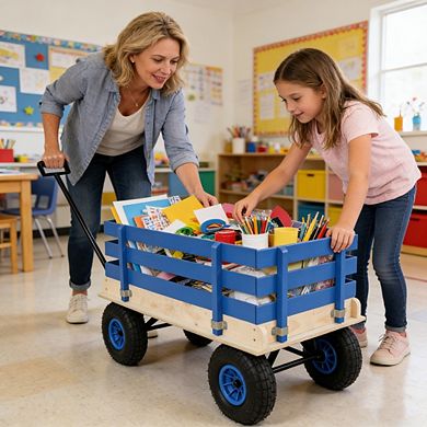 Heavy Duty Wooden Kids Pull Wagon 38 Inch All Terrain Garden Cart For Toddlers