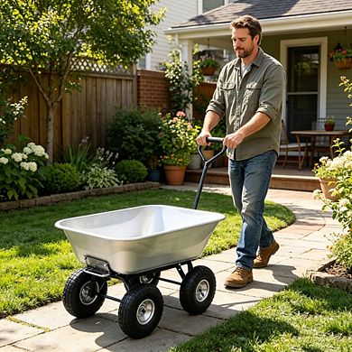 Poly Garden Dump Cart with Steel Frame 10 Inch Tires for Yard Landscaping