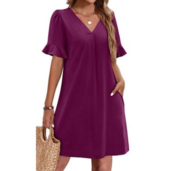 Women's Ruffle Sleeve V Neck Casual Shift Dress with Pockets