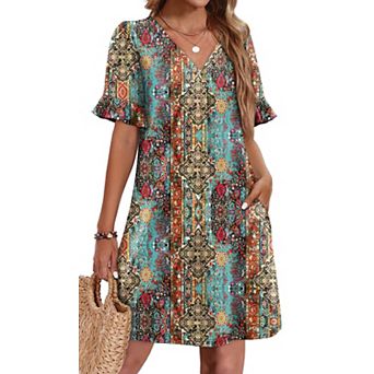Women's Ruffle Sleeve V Neck Casual Shift Dress with Pockets