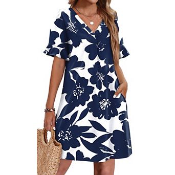 Women's Ruffle Sleeve V Neck Casual Shift Dress with Pockets