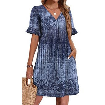 Women's Ruffle Sleeve V Neck Casual Shift Dress with Pockets