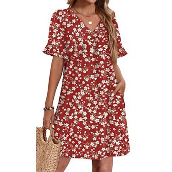 Women's Ruffle Sleeve V Neck Casual Shift Dress with Pockets