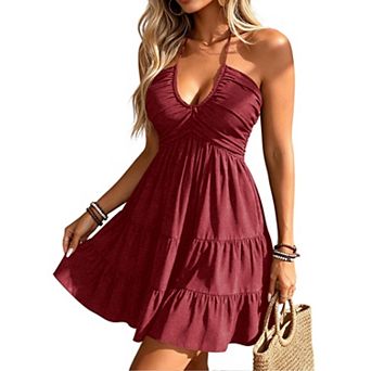 Women's Summer Mini Dress Sleeveless A Line Ruffle Hem Flowy Cami Sundress
