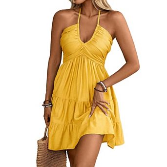 Women's Summer Mini Dress Sleeveless A Line Ruffle Hem Flowy Cami Sundress