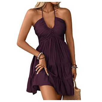 Women's Summer Mini Dress Sleeveless A Line Ruffle Hem Flowy Cami Sundress