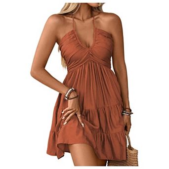 Women's Summer Mini Dress Sleeveless A Line Ruffle Hem Flowy Cami Sundress