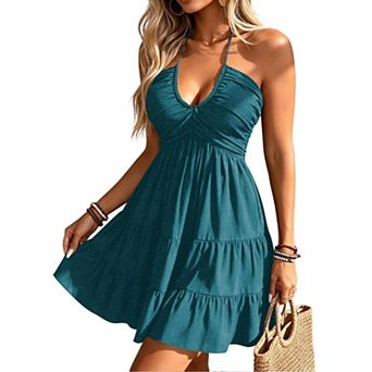 Women's Summer Mini Dress Sleeveless A Line Ruffle Hem Flowy Cami Sundress