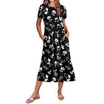 Women Summer Midi A Line Dress Short Sleeve Tiered Beach Sundress Pockets Vacation