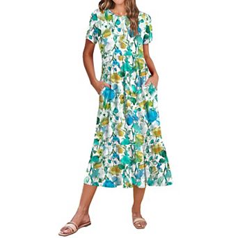 Women Summer Midi A Line Dress Short Sleeve Tiered Beach Sundress Pockets Vacation