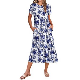 Women Summer Midi A Line Dress Short Sleeve Tiered Beach Sundress Pockets Vacation