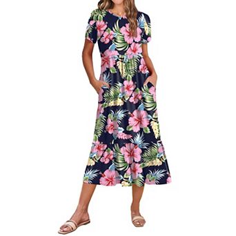 Women Summer Midi A Line Dress Short Sleeve Tiered Beach Sundress Pockets Vacation