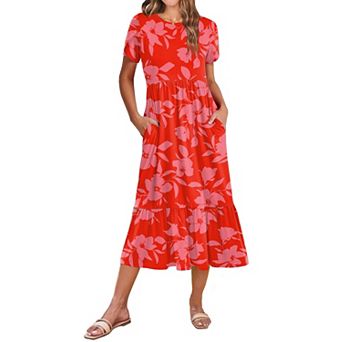 Women Summer Midi A Line Dress Short Sleeve Tiered Beach Sundress Pockets Vacation