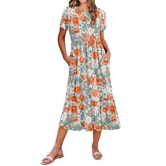 Women Summer Midi A Line Dress Short Sleeve Tiered Beach Sundress Pockets Vacation