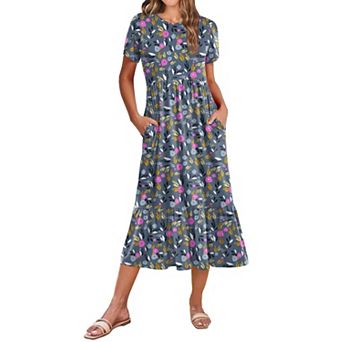 Women Summer Midi A Line Dress Short Sleeve Tiered Beach Sundress Pockets Vacation