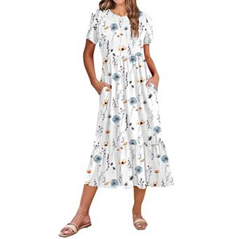 Women Summer Midi A Line Dress Short Sleeve Tiered Beach Sundress Pockets Vacation