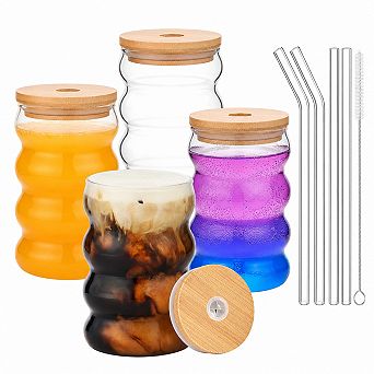 16 Oz Wave Shape Glass Cups With Lids Straws Set Of 4 For Iced Coffee Beer