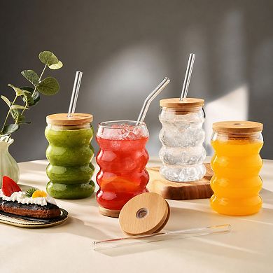 16 Oz Wave Shape Glass Cups With Lids Straws Set Of 4 For Iced Coffee Beer