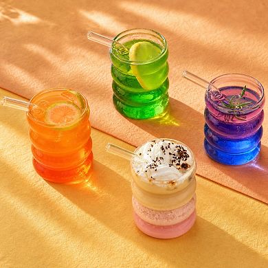 16 Oz Wave Shape Glass Cups With Lids Straws Set Of 4 For Iced Coffee Beer