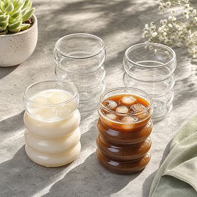 16 Oz Wave Shape Glass Cups With Lids Straws Set Of 4 For Iced Coffee Beer